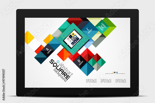 Geometric square shapes and infographic option elements with tablet