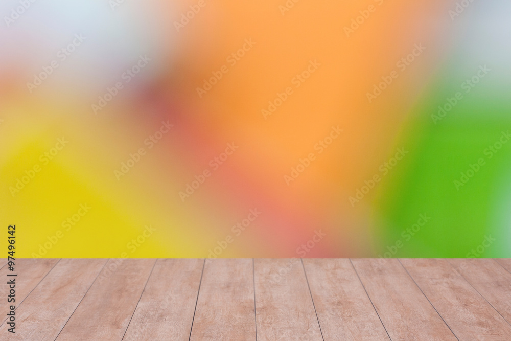 Wood table top on color abstract blurred background. ready for product display Wood table top on color abstract blurred background. ready for product display