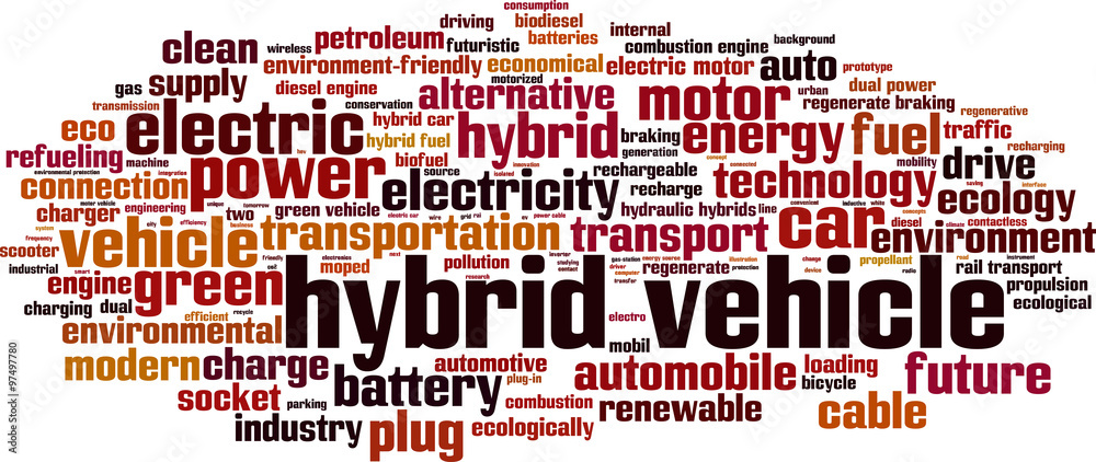 Hybrid vehicle word cloud concept. Vector illustration
