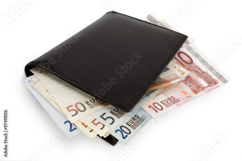 Stack of euro banknotes in black wallet isolated on white. Clipping path incl.