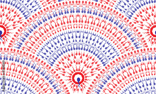 Vector abstract seamless pattern of blue and red sperm seeking the egg. Fan-shaped icon buttons insemination.