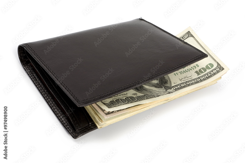 Stack of dollar banknotes in black wallet isolated on white. Clipping path incl. Stack of dollar banknotes in black wallet isolated on white. Clipping path incl.