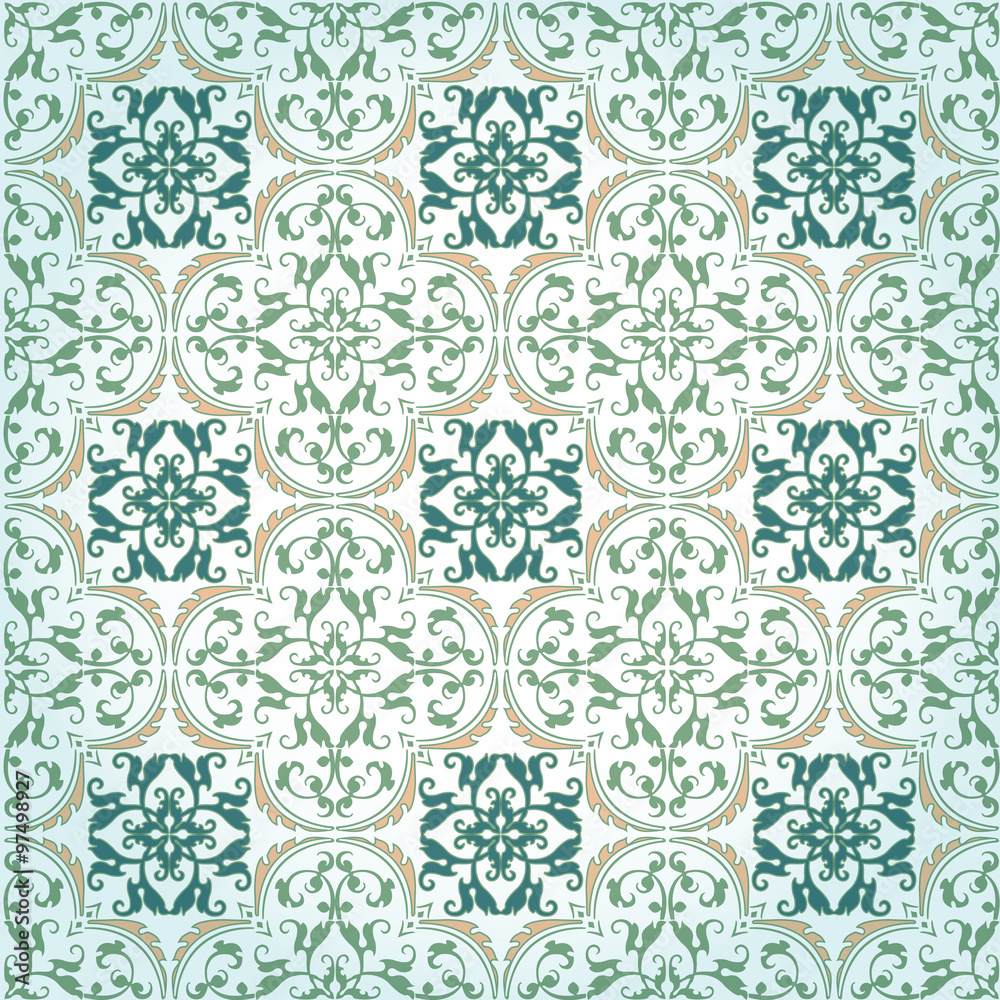 Seamless Damask Background Pattern Design and Wallpaper Made of Turkish Texture Ceramic Tiles in Vector