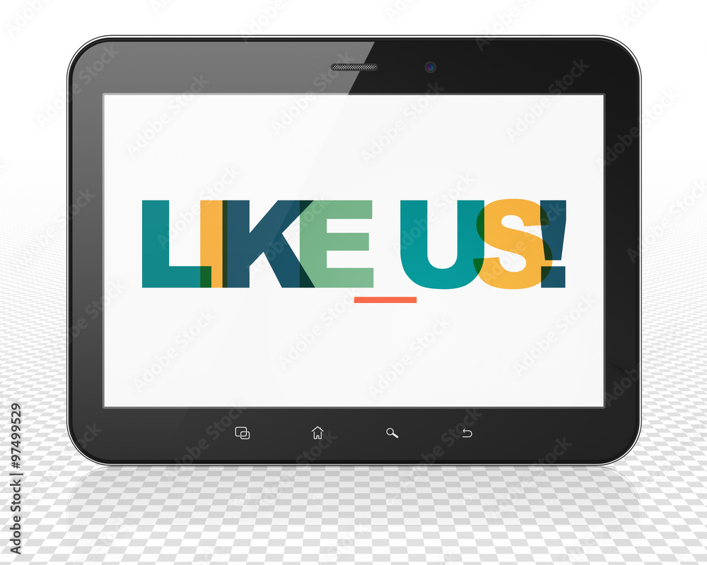 Social network concept: Tablet Pc Computer with Like us! on display Social network concept: Tablet Pc Computer with Like us! on display