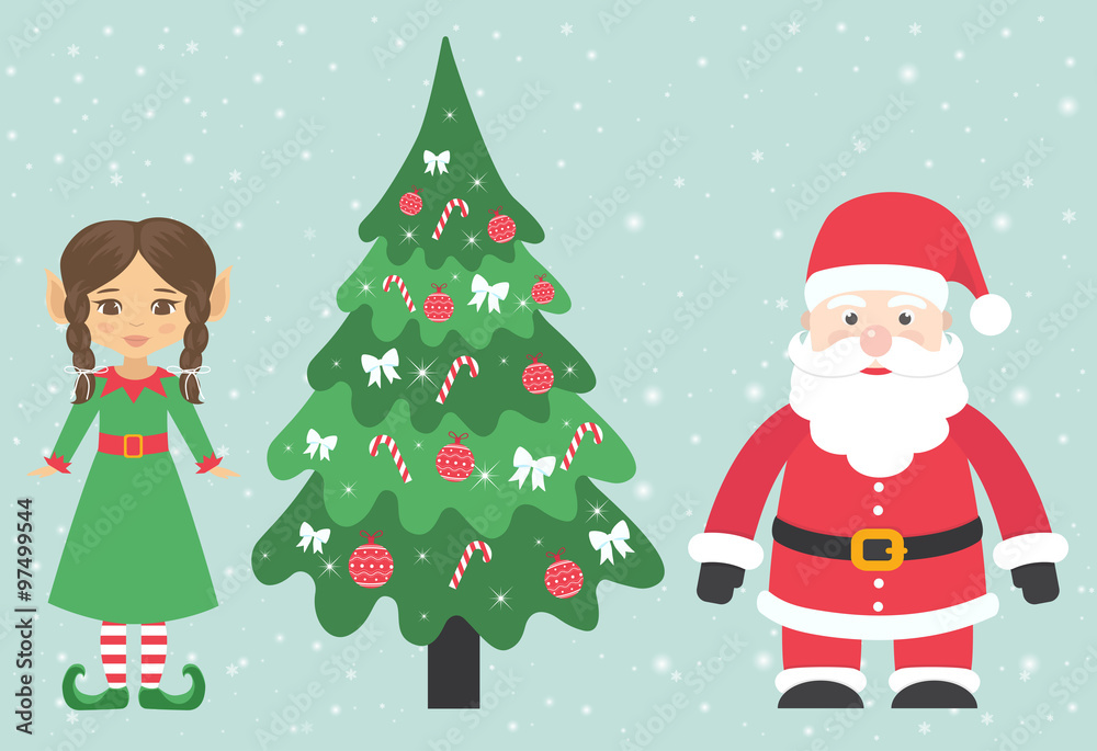 santa claus and girl elf with braid and fir-tree santa claus and girl elf with braid and fir-tree