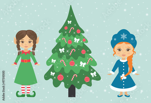 snow maiden and girl elf with braid and fir-tree
