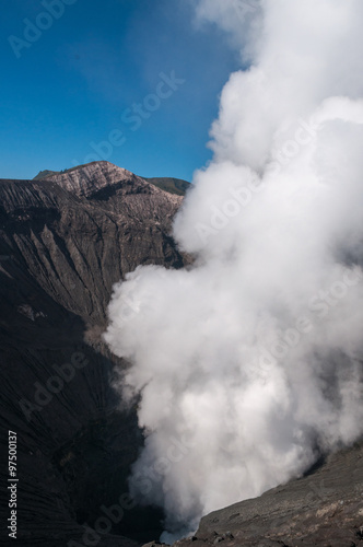 Volcano Bromo Errupting sulfur Smoke in the blue sky