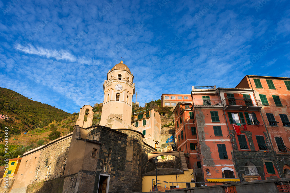Vernazza Liguria Italy / Vernazza village with the church of Santa Margherita di Antiochia. Cinque terre, national park in Liguria Italy. UNESCO world heritage site