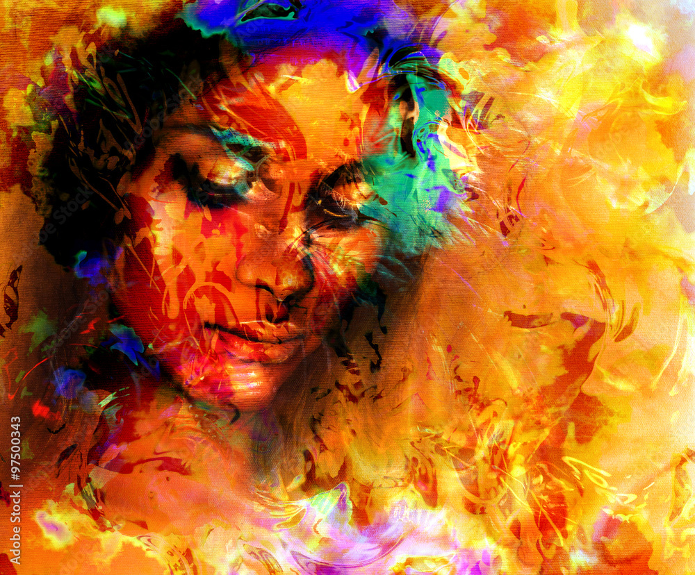 Goddess woman, with ornamental face, and color abstract background. meditative closed eyes.