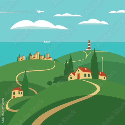 landscape with hills, roads and settlements, lighthouse and sea