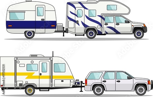 Set of car and travel trailers on a white background in flat style. Vector illustration