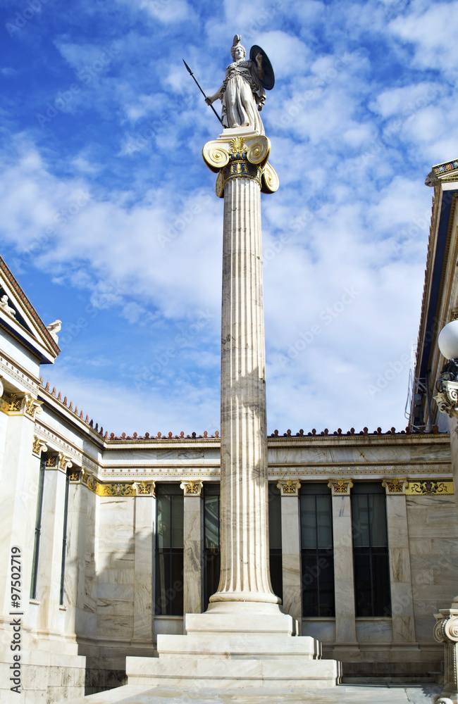 goddess Athena statue in front of academy of Athens Greece goddess Athena statue in front of academy of Athens Greece