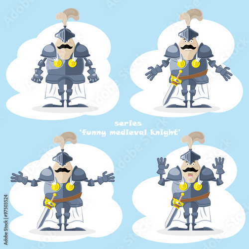 A set of vector shapes funny medieval knight in white cloak isolated on white background