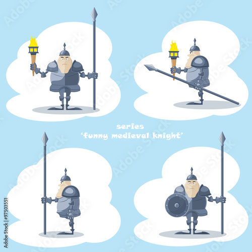 A set of vector shapes funny medieval knight with a spear and a torch in the hands isolated on white background