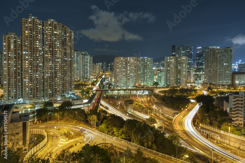 Residential buildings and highway in Hong Kong at night