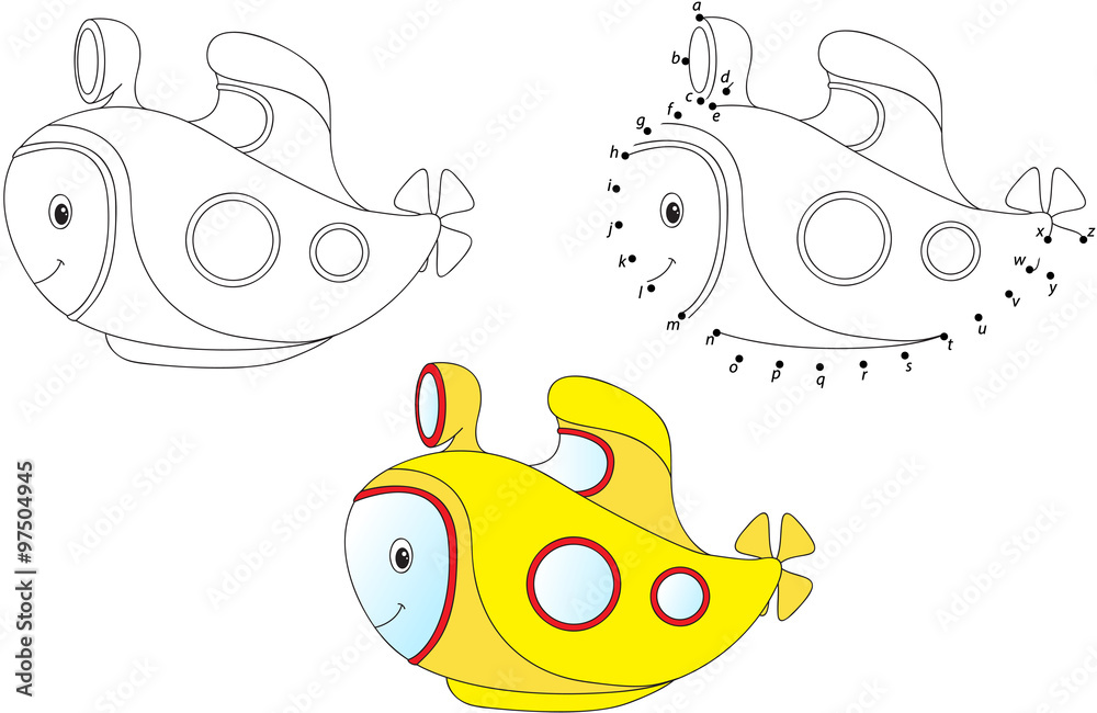 Cartoon submarine. Vector illustration. Coloring and dot to dot Stock