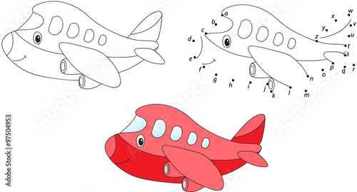 Cartoon airplane. Vector illustration. Coloring and dot to dot g