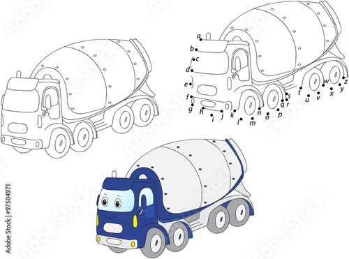 Cartoon concrete mixer. Vector illustration. Coloring and dot to