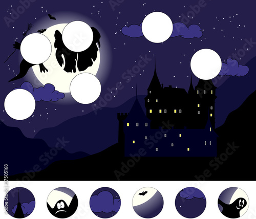 Old castle with ghosts in the moonlit night: complete the puzzle
