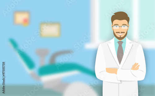 Young man dentist at the dental office. Vector flat illustration with a blurred background. Smiling friendly physician stomatologist in the office with a dental chair