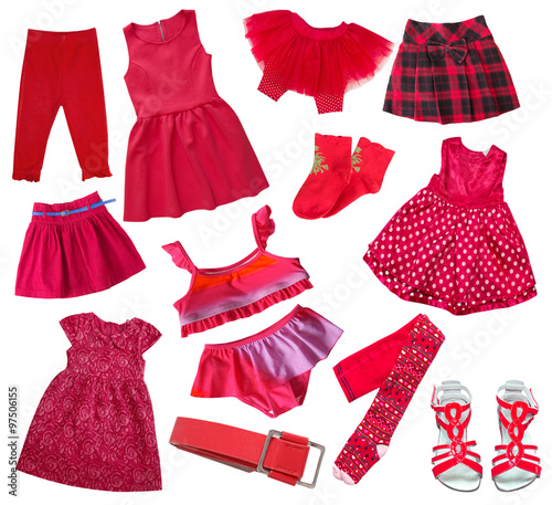 Red collection of child girl's clothes isolated on wgite.Collage