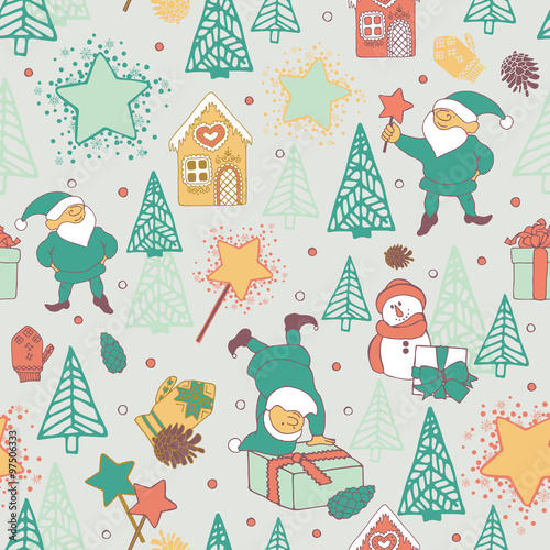 Seamless pattern with festive elves and Christmas trees.