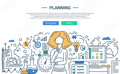 Illustration of modern line flat design planning process composition and infographics elements with a woman thinking. Header, banner for your website