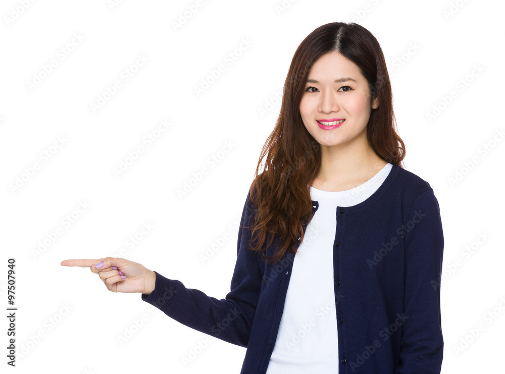 Asian woman with finger point aside Asian woman with finger point aside