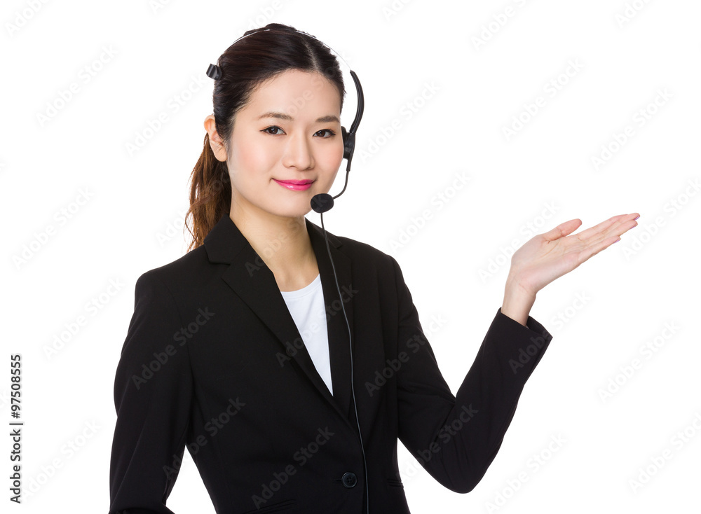 Customer services assistant with open hand palm Customer services assistant with open hand palm