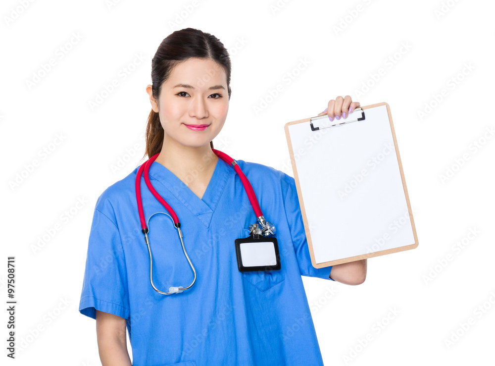 Young Doctor woman showing with clipboard Young Doctor woman showing with clipboard
