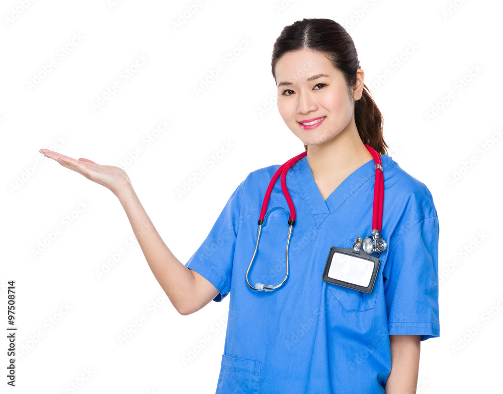 Doctor woman with hand showing something Doctor woman with hand showing something