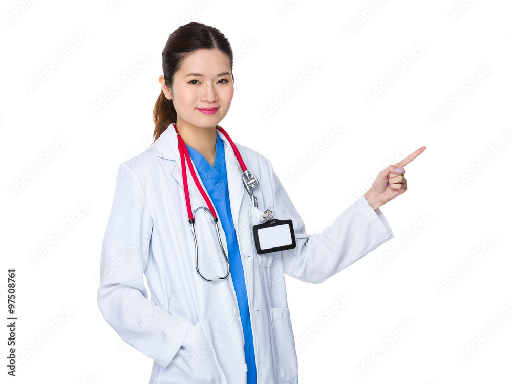 Female Doctor showing finger point up Female Doctor showing finger point up