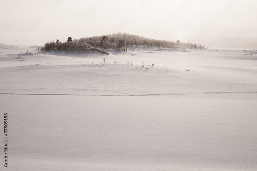 Nebel über einem gefrorenen See in Schweden