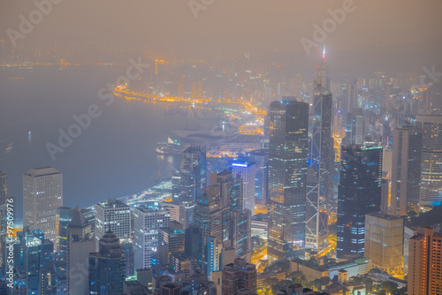 Skyscrapers in Victoria harbor Hong Kong from The peak