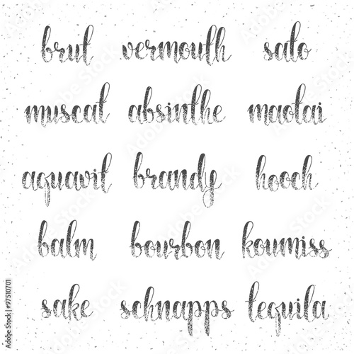 Set names of species alcohol in calligraphy handmade design menu.