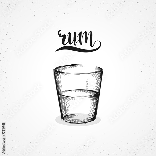 Monochrome rum in glass with calligraphy. Sketch by hand