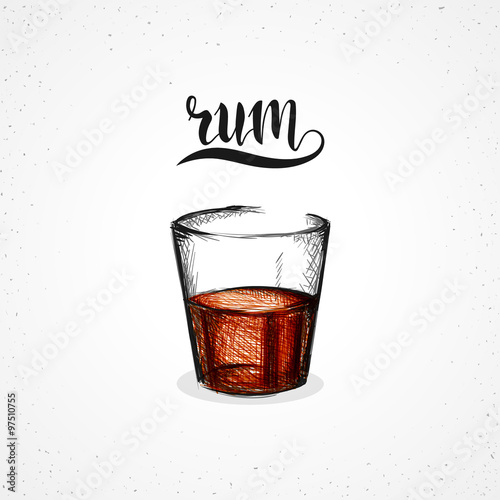Color rum in glass with calligraphy. Sketch by hand