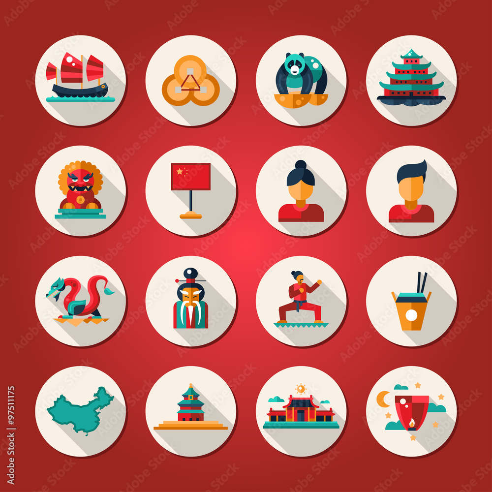 Set of flat design China travel icons, infographics elements with landmarks and famous Chinese symbols