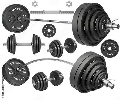 Shots of a metal barbells and weights
