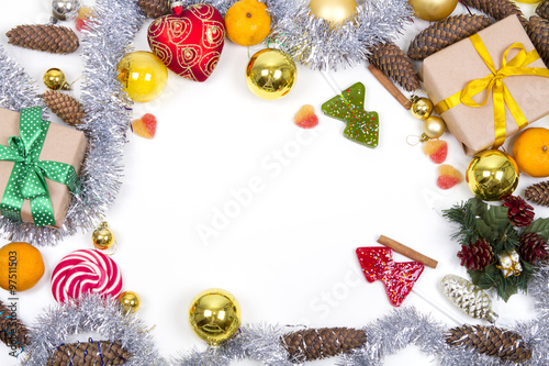 Christmas decorations on white background. frame. copy space..