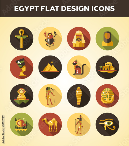 Set of flat design Egypt travel icons, infographics elements with landmarks and famous Egyptian symbols