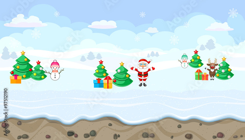 Seamless winter landscape with Christmas characters for game design