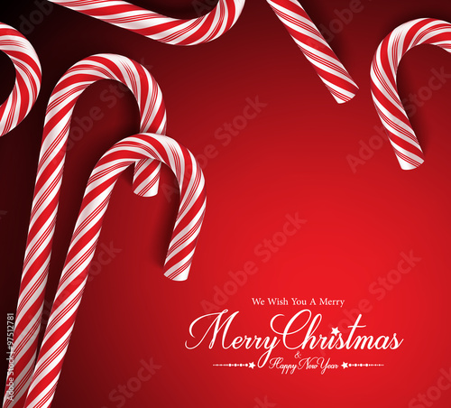 Merry Christmas Greetings Card with Realistic Candy Cane in Red Background. Vector Illustration
