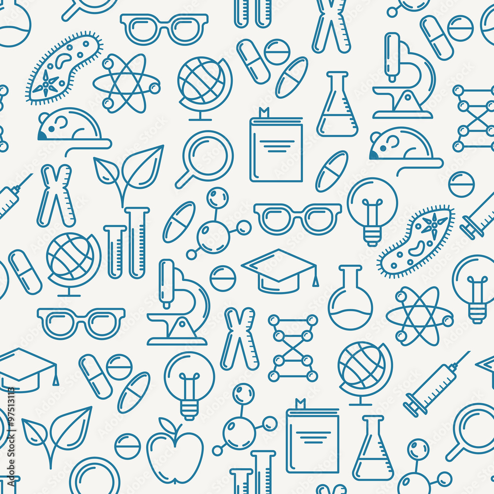 Vector seamless pattern with outline symbols of science, educati