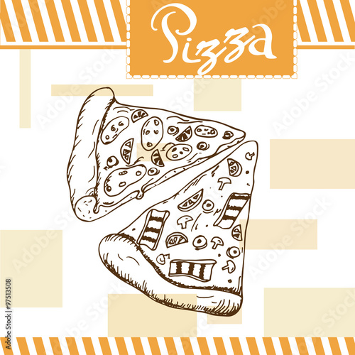 Pizza vector illustration. Fast food design. Beautiful card with decorative typography element. Pizza icon for poster
