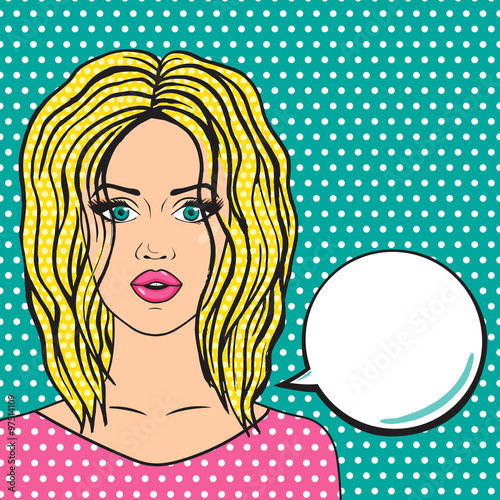 Pop art blonde woman with speech bubble for your message, woman wit messy hair vector illustration in comics style