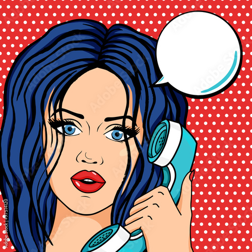 Retro brunette woman face close up in comic style, pop art woman answering on phone with speech bubble for your message