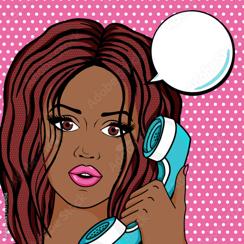 Pop art afro woman talking on phone in comic style, african american woman face with speech bubble for your message vector illustration