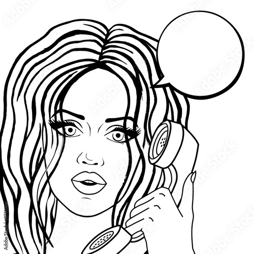 Pop art woman talking on phone in comic style  cute woman face vector illustration