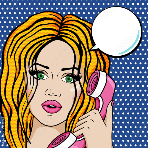Surprised woman face in comic style, pop art blonde on phone with thinking cloud for your message